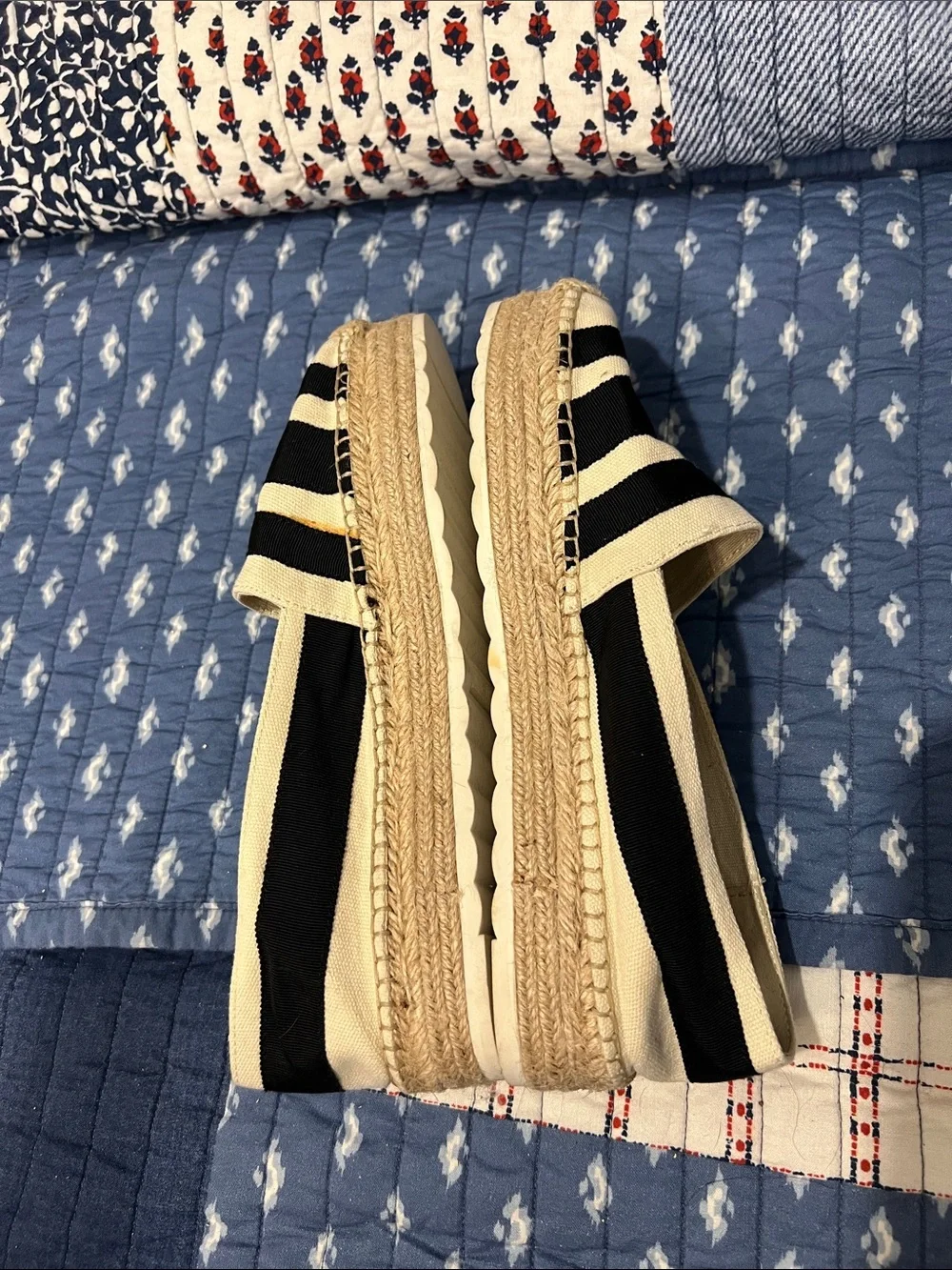 Nine West Black and Cream Striped Espadrille Flats